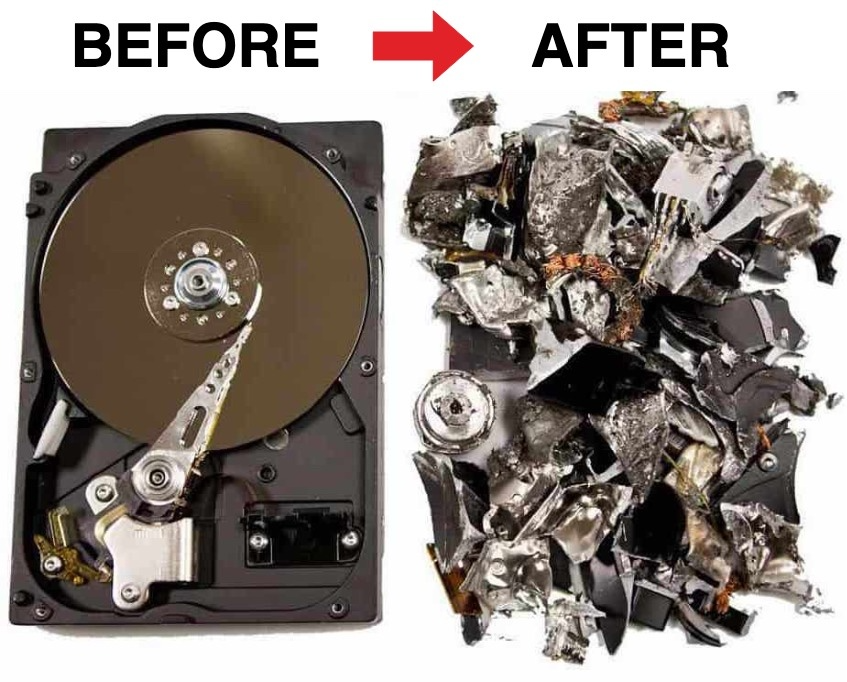 Before and after of a computer hard drive being completely shredded and destroyed for secure data destruction.